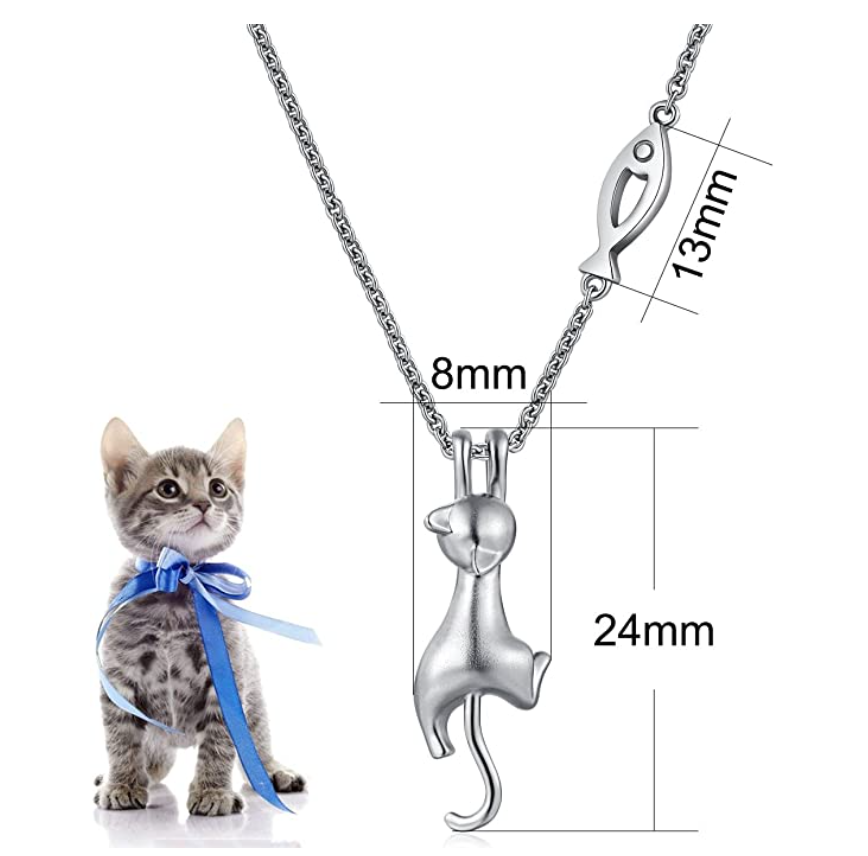 Hanging Cat Fish Necklace Kitty Pendant Jewelry Cat Chain Birthday Gift 925 Sterling Silver 18in.