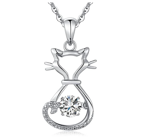 Simulated Diamond Cat Necklace Kitty Pendant Jewelry Cat Chain Birthday Gift 925 Sterling Silver 18in.