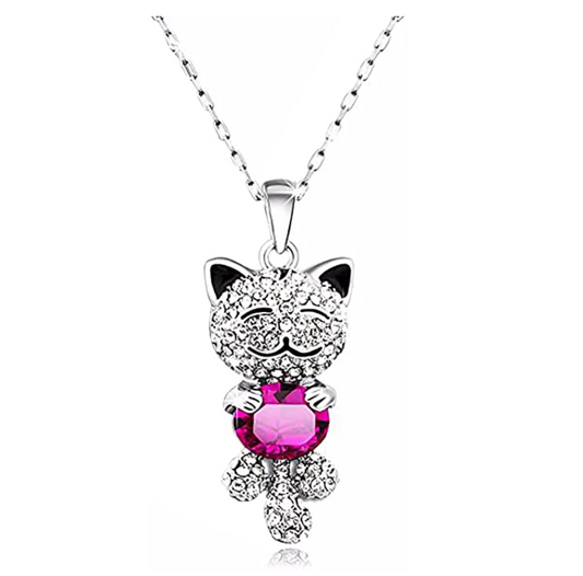 Simulated Blue Pink Diamond Cat Necklace Kitty Pendant Jewelry Cat Chain Birthday Gift 925 Sterling Silver 16in.