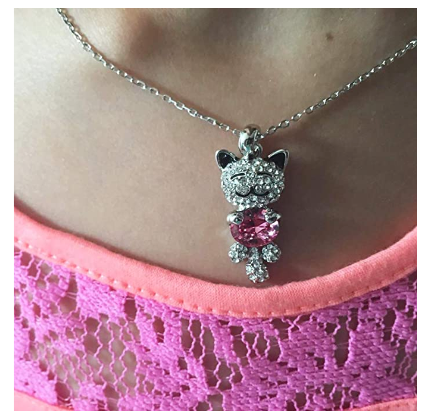Simulated Blue Pink Diamond Cat Necklace Kitty Pendant Jewelry Cat Chain Birthday Gift 925 Sterling Silver 16in.