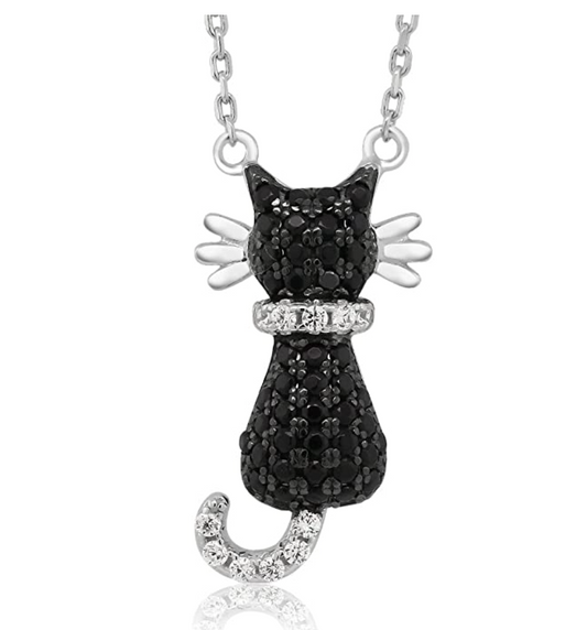 Sitting Black Cat Necklace Simulated Diamond Kitty Pendant Jewelry Cat Chain Birthday Gift 925 Sterling Silver 18in.