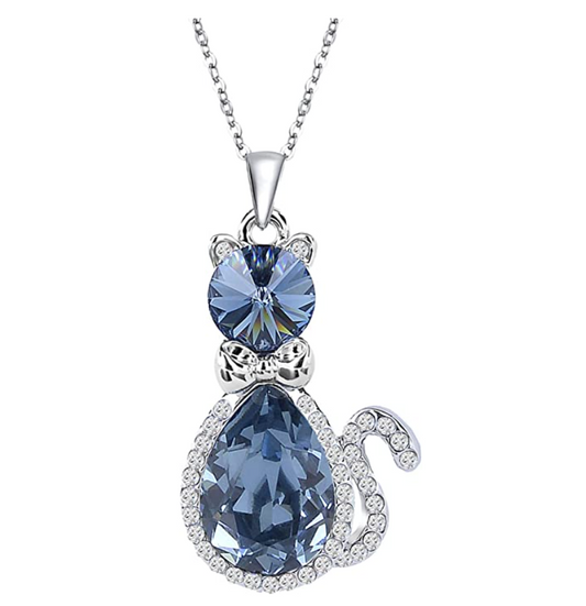 Beautiful Cat Necklace Simulated Blue Diamond Kitty Pendant Jewelry Cat Chain Birthday Gift 925 Sterling Silver 18in.