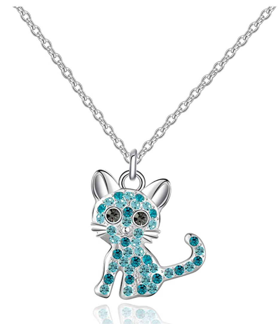 Cute Girls Kitty Necklace Simulated Diamond kitty Cat Pendant Jewelry Cat Chain Birthday Gift 18in.