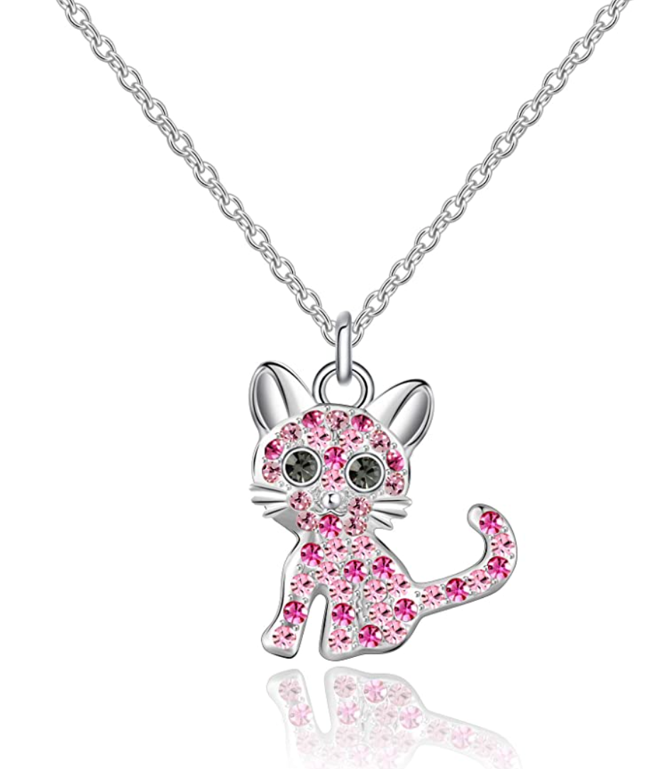 Cute Girls Kitty Necklace Simulated Diamond kitty Cat Pendant Jewelry Cat Chain Birthday Gift 18in.
