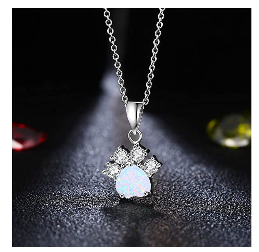 Cat Paw Necklace Cat Paw Print Pendant Jewelry Kitty Chain Birthday Gift Simulated Diamonds 18in.