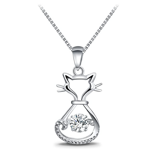 925 Sterling Silver Cat Necklace Cat Pendant Jewelry Kitty Chain Birthday Gift Simulated Diamonds 18in.