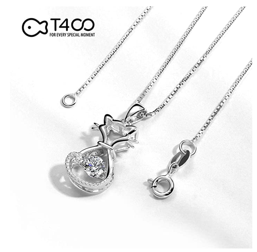 925 Sterling Silver Cat Necklace Cat Pendant Jewelry Kitty Chain Birthday Gift Simulated Diamonds 18in.