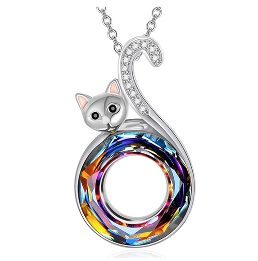 Simulated Diamond Round Cat Necklace Cat Pendant Jewelry Kitty Chain Birthday Gift 925 Sterling Silver 18in.