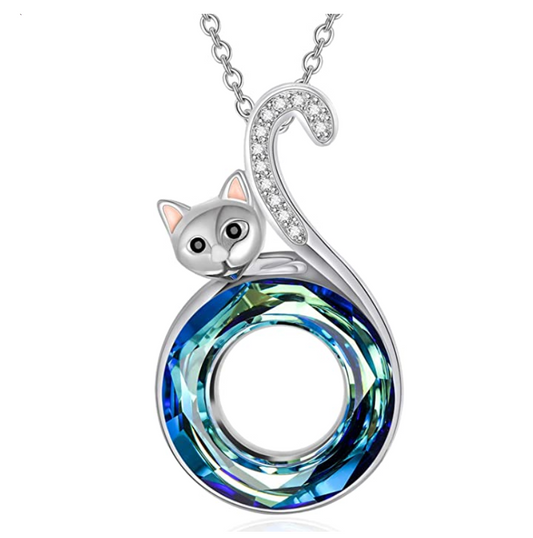 Simulated Diamond Round Cat Necklace Cat Pendant Jewelry Kitty Chain Birthday Gift 925 Sterling Silver 18in.