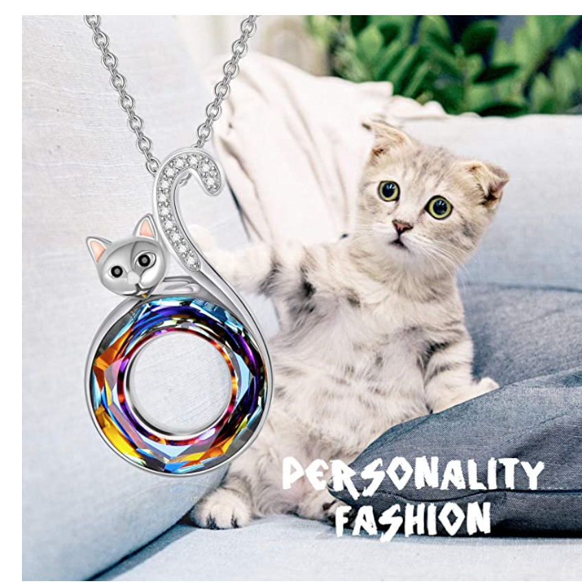 Simulated Diamond Round Cat Necklace Cat Pendant Jewelry Kitty Chain Birthday Gift 925 Sterling Silver 18in.