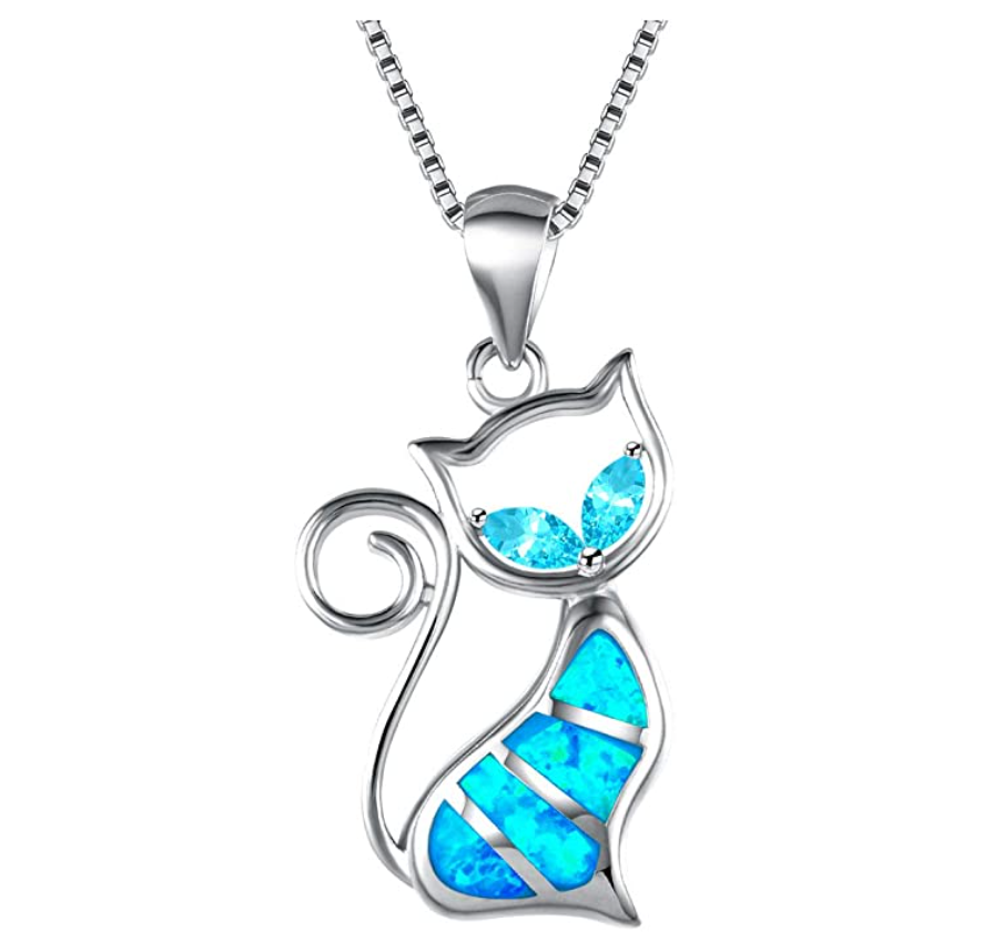 Simulated Blue Opal Cat Necklace Cat Bones Pendant Jewelry Kitty Chain Birthday Gift 925 Sterling Rose Gold 18in.