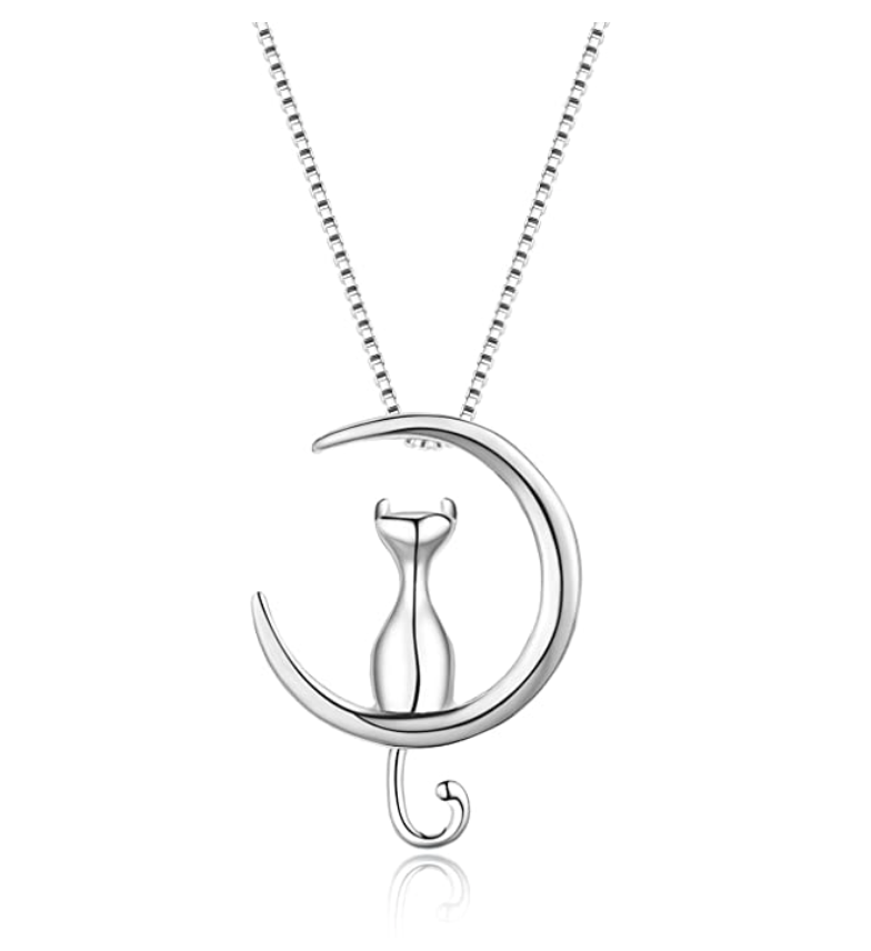 Cat Sitting on Moon Necklace Cat Crescent Moon Pendant Jewelry Kitty Chain Birthday Gift 925 Sterling Silver 18in.