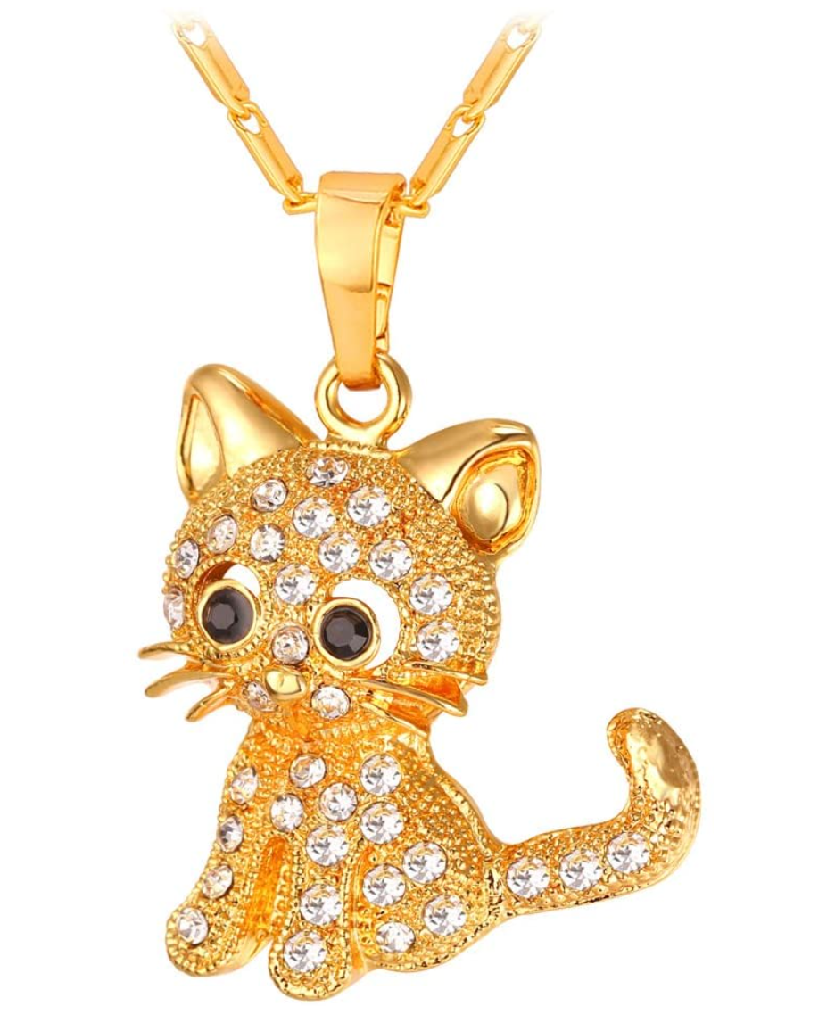 Gold Tone Cute Kitty Cat Necklace Simulated Diamond Kitty Cat Pendant Jewelry Cat Chain Birthday Gift 18in.