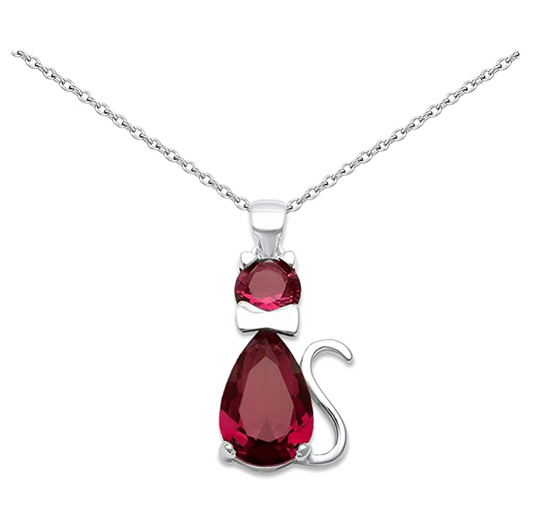 Simulated Birthstones Cat Necklace Kitty Cat Pendant Jewelry Cat Chain Birthday Gift 925 Sterling Silver 18in.