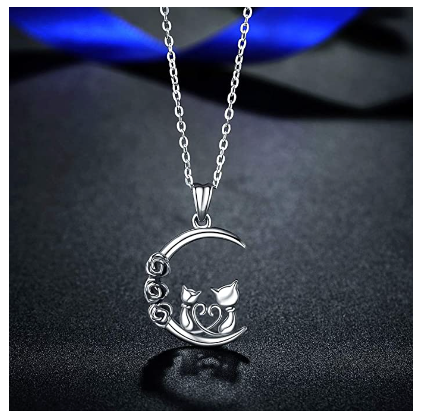Moon Cat Necklace Rose Flower Kitty Cat Love Pendant Jewelry Cat Memorial Chain Birthday Gift 925 Sterling Silver 18in.
