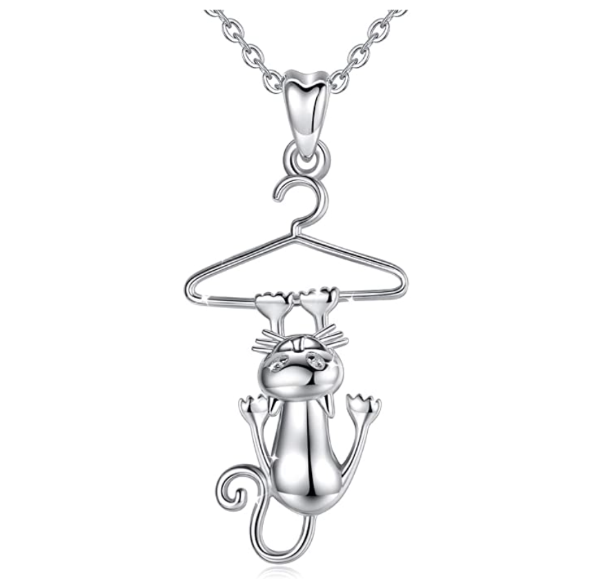 Cat Hanging on Hanger Necklace Kitty Cat Pendant Jewelry Cat Chain Birthday Gift 925 Sterling Silver 18in.