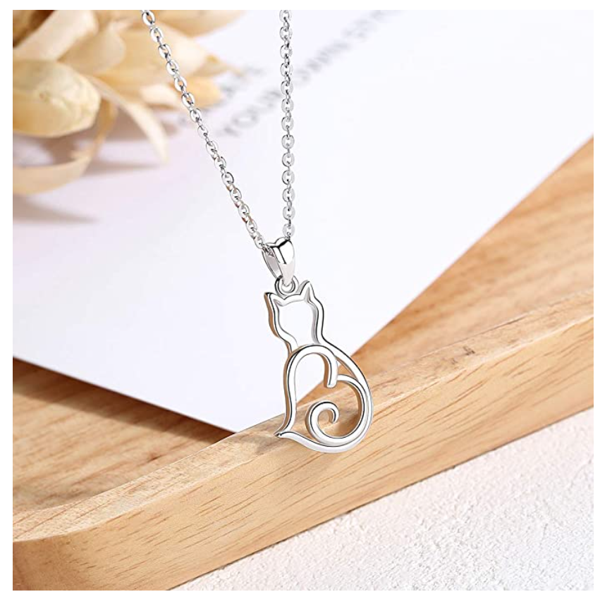 Cat Love Heart Necklace Kitty Cat Pendant Jewelry Cat Chain Birthday Gift 925 Sterling Silver 18in.