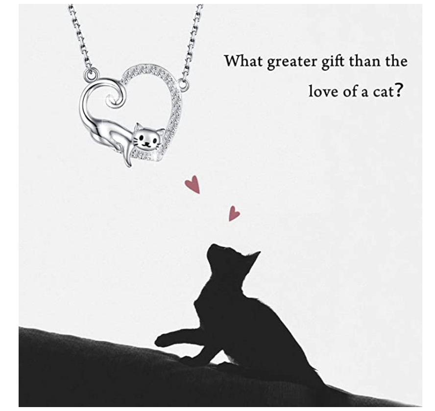 Cat Heart Necklace Love Cat Pendant Jewelry Kitty Chain Birthday Gift Diamonds 925 Sterling Silver 20in.