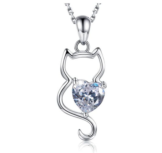 Diamond Heart Cat Necklace Love Cat Pendant Jewelry Kitty Chain Birthday Gift 925 Sterling Silver 20in.