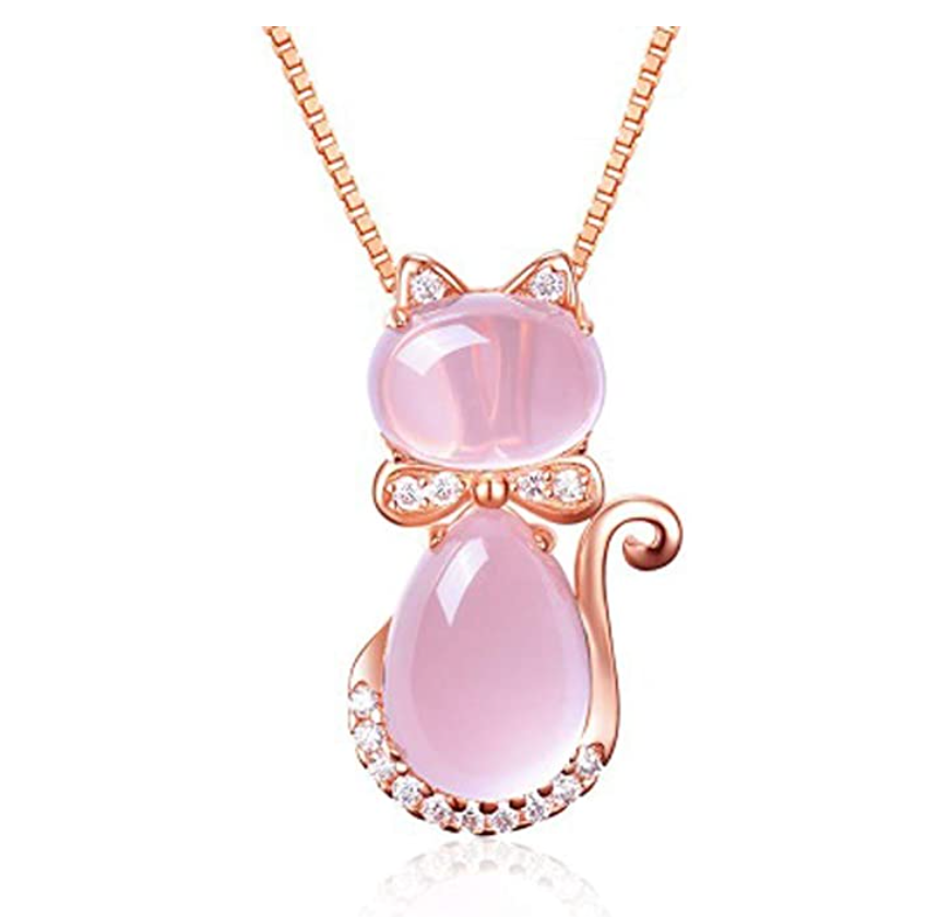 Pink Cat Necklace Simulated Diamond Love Cat Pendant Jewelry Kitty Chain Birthday Gift 925 Sterling Silver Rose Gold 18in.