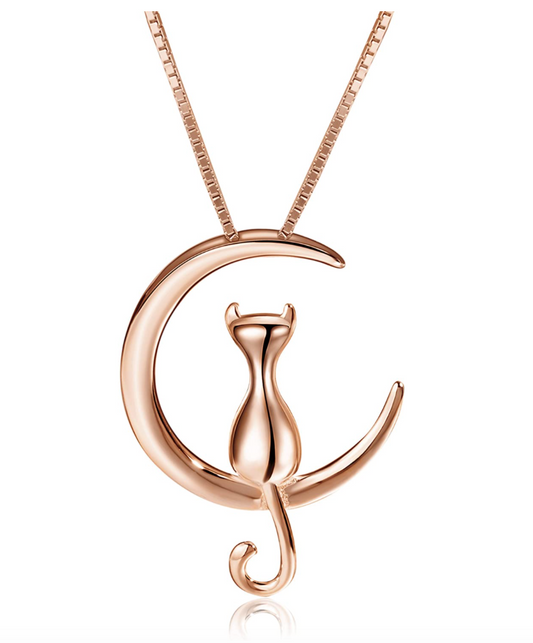 Cat Moon Necklace Crescent Moon Cat Pendant Jewelry Kitty Chain Birthday Gift Rose Gold 925 Sterling Silver 18in.