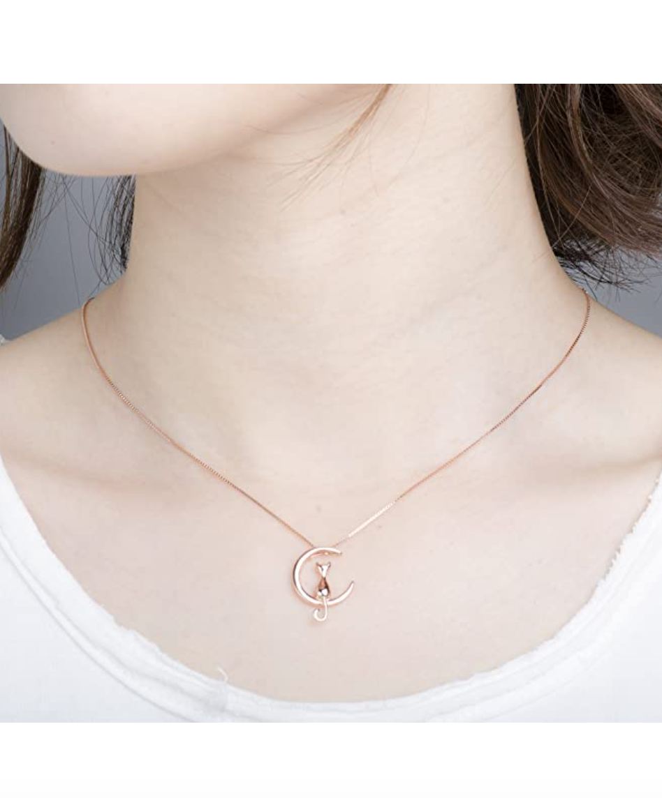 Cat Moon Necklace Crescent Moon Cat Pendant Jewelry Kitty Chain Birthday Gift Rose Gold 925 Sterling Silver 18in.