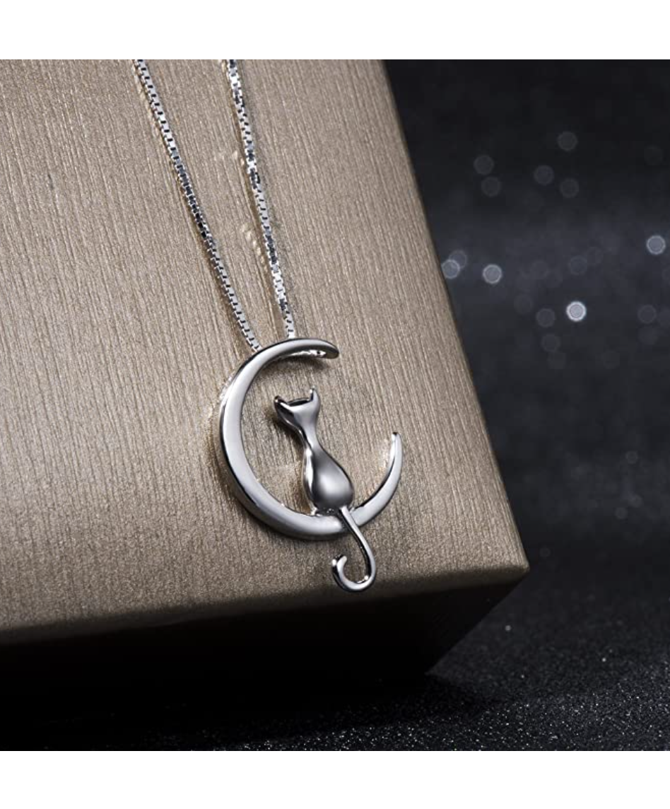 Cat Moon Necklace Crescent Moon Cat Pendant Jewelry Kitty Chain Birthday Gift Rose Gold 925 Sterling Silver 18in.