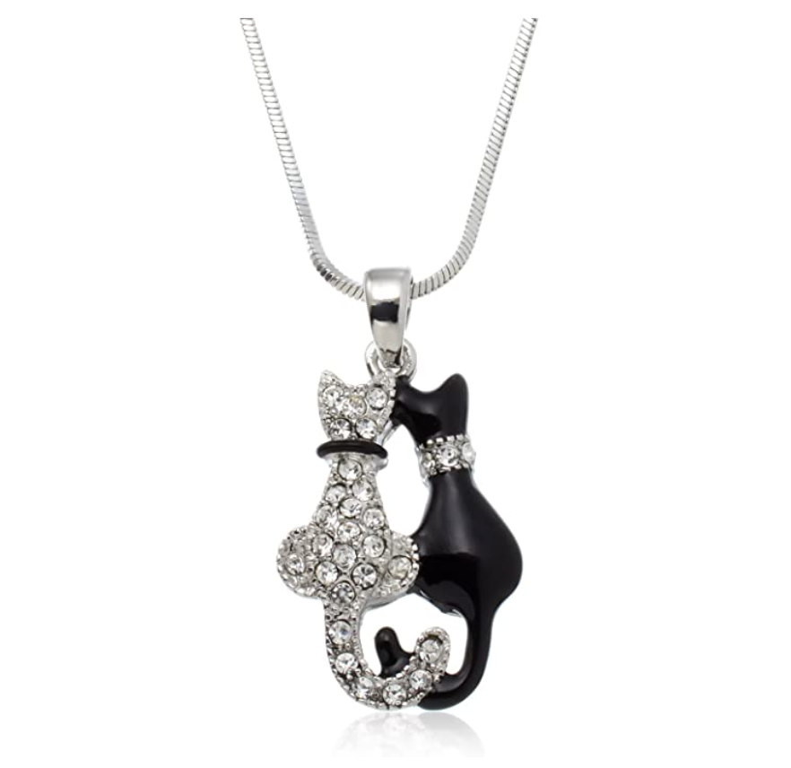 Black & White Cat Necklace Simulated Diamond Cat Pendant Jewelry Kitty Chain Birthday Gift 925 Sterling Silver 18in.