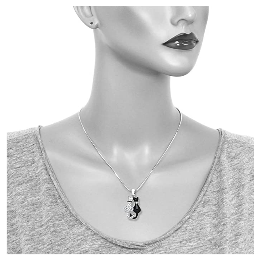 Black & White Cat Necklace Simulated Diamond Cat Pendant Jewelry Kitty Chain Birthday Gift 925 Sterling Silver 18in.