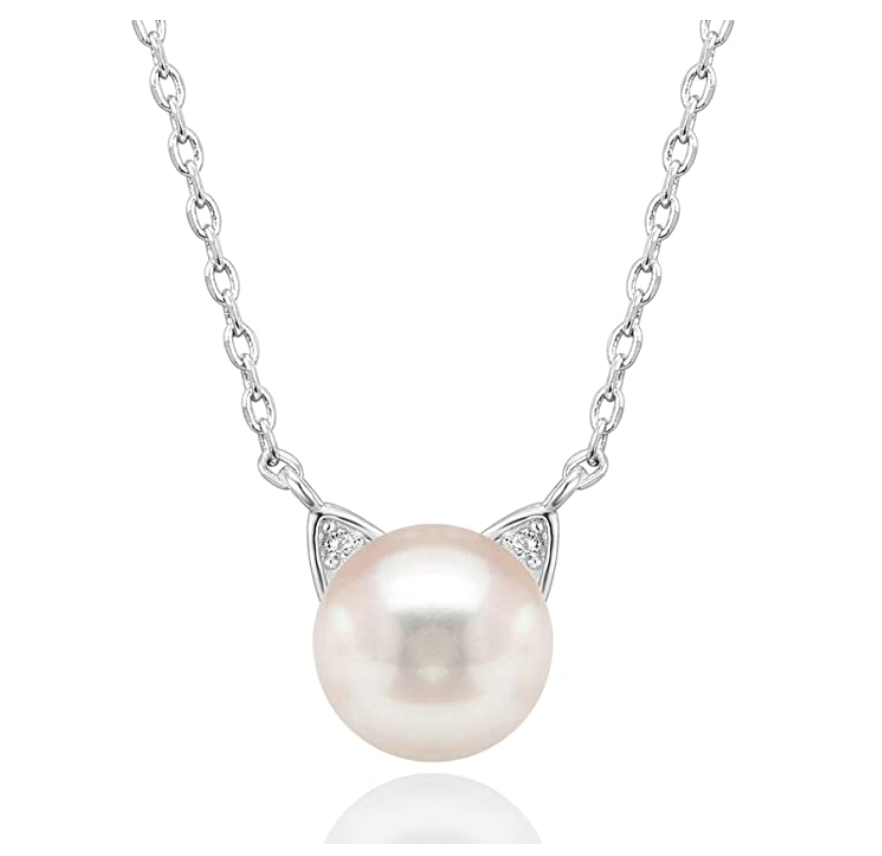 Rose Gold Color Cat Ears Necklace Simulated Freshwater Cultured Pearl Diamond Cat Pendant Jewelry Kitty Chain Birthday Gift 925 Sterling Silver 18in.