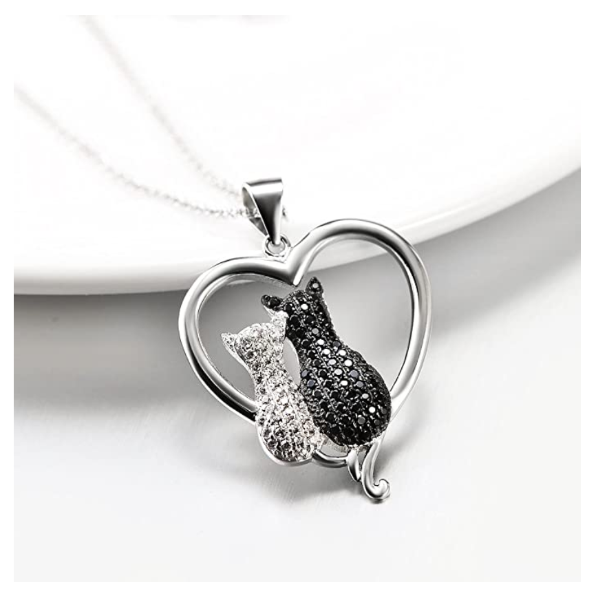 Black & White Cat Necklace Love Heart Diamond Cat Pendant Jewelry Kitty Chain Birthday Gift 925 Sterling Silver 18in.