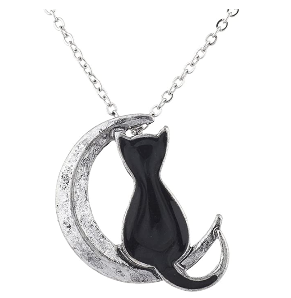 Black Cat on Moon Necklace Crescent Moon Cat Pendant Jewelry Kitty Chain Birthday Gift 18in.