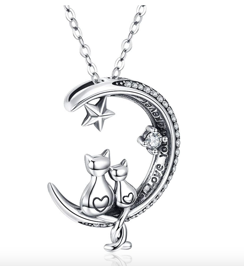 Crescent Moon Star Cat Necklace Heart Love Pendant Jewelry Kitty Chain Birthday Gift 18in.
