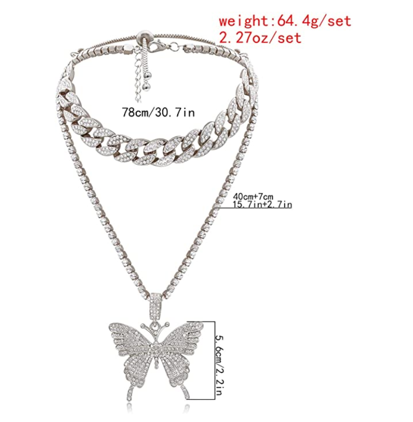 Butterfly Necklace Simulated Diamonds Cuban Link Butterfly Pendants Jewelry Butterfly Tennis Chain Birthday Gift Gold Silver Color 18in.