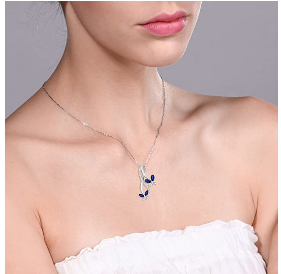 925 Sterling Silver Butterfly Necklace Created Blue Sapphire Diamond Butterfly Pendants Jewelry Butterfly Chain Birthday Gift Silver Color 18in.