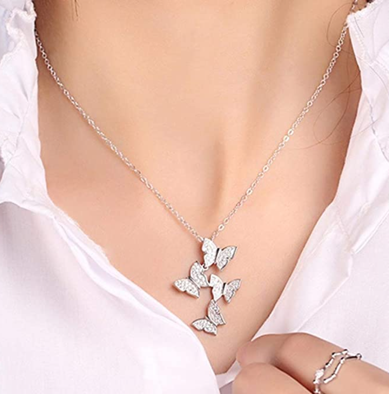 Butterfly Family Necklace Simulated Diamond Butterfly Pendants Jewelry Butterfly Chain Birthday Gift 925 Sterling Silver 18in.