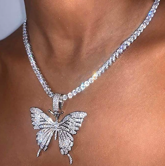 Butterfly Necklace Simulated Diamond Tennis Chain Butterfly Pendants Hip Hop Jewelry Butterfly Chain Birthday Gift 18in.