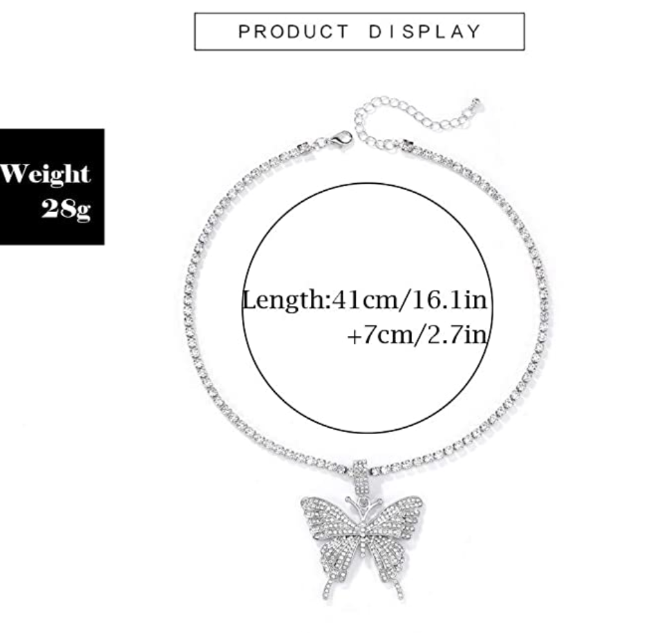 Butterfly Necklace Simulated Diamond Tennis Chain Butterfly Pendants Hip Hop Jewelry Butterfly Chain Birthday Gift 18in.