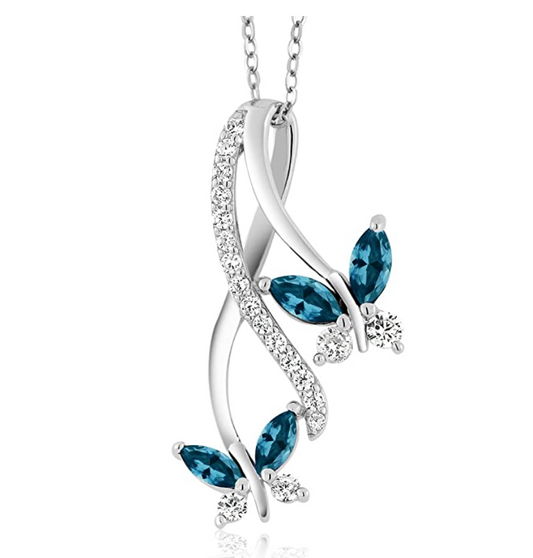 925 Sterling Silver Butterfly Necklace Created London Blue Topaz Diamond Butterfly Pendants Jewelry Butterfly Chain Birthday Gift 18in.