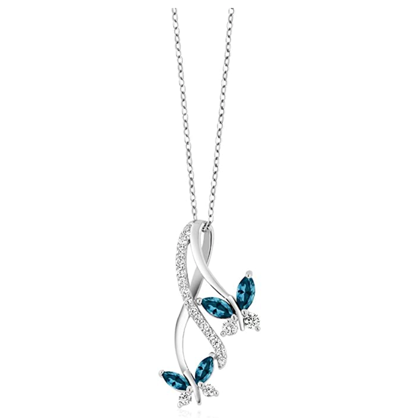 925 Sterling Silver Butterfly Necklace Created London Blue Topaz Diamond Butterfly Pendants Jewelry Butterfly Chain Birthday Gift 18in.