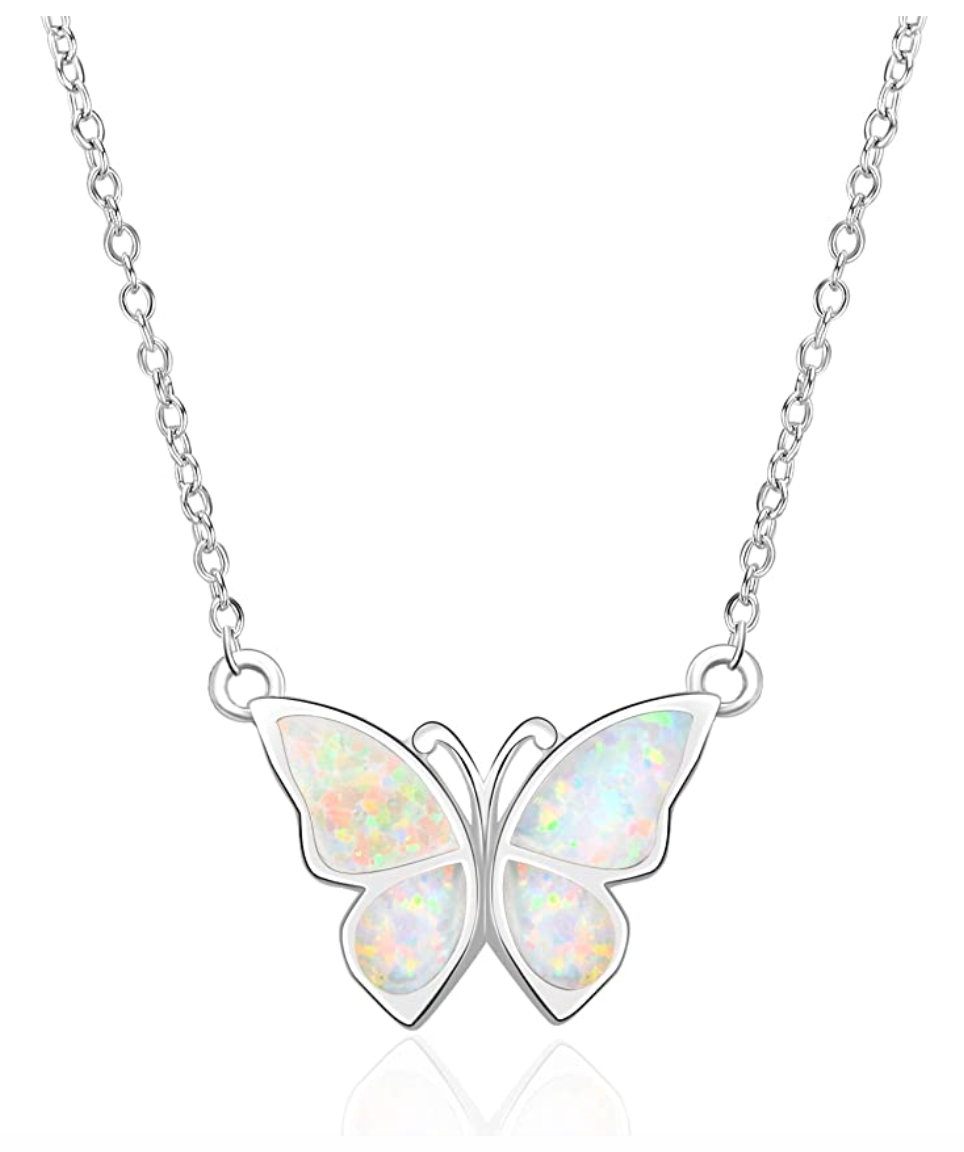 White Created Opal Butterfly Necklace Blue Butterfly Pendants Jewelry Butterfly Chain Birthday Gift 925 Sterling Silver 18in.
