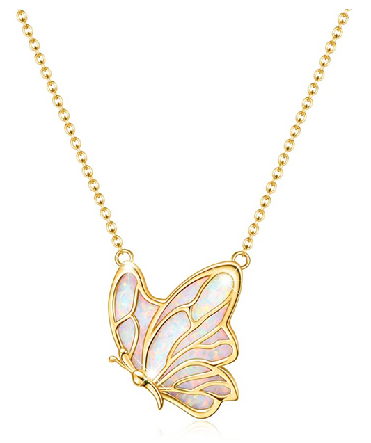 White Created Opal Butterfly Necklace Rose Gold Butterfly Pendants Jewelry Butterfly Chain Birthday Gift 925 Sterling Silver 18in.