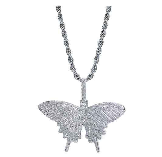 Butterfly Necklace Simulated Diamond Butterfly Pendants Hip Hop Jewelry Butterfly Chain Birthday Gift 24in.