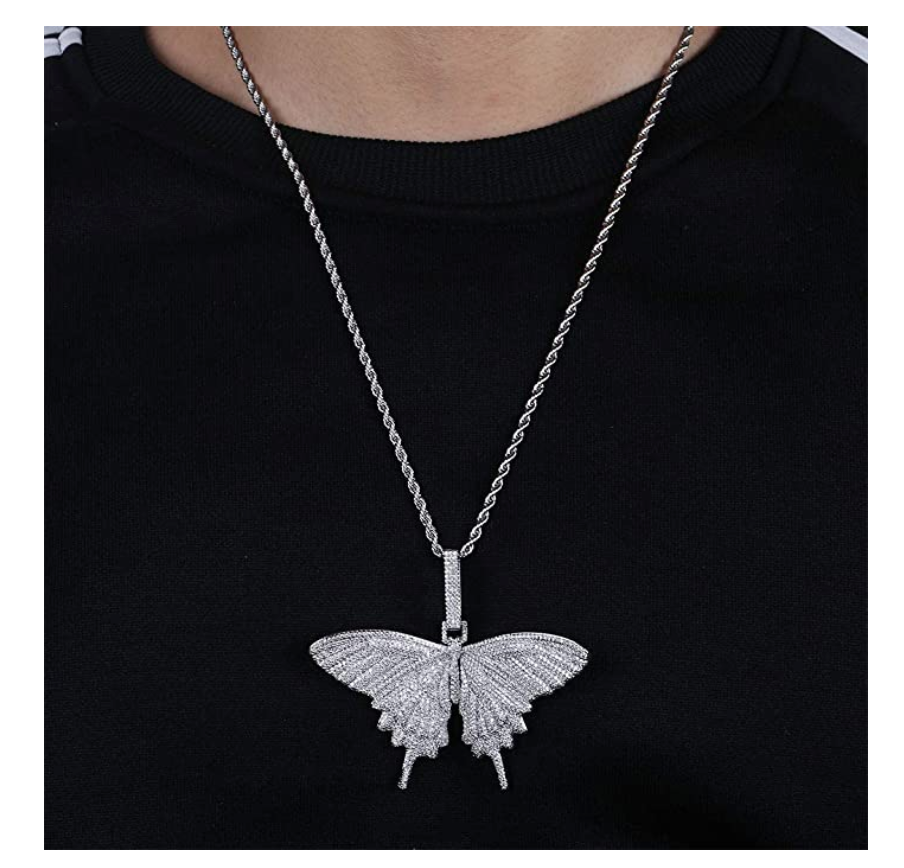 Butterfly Necklace Simulated Diamond Butterfly Pendants Hip Hop Jewelry Butterfly Chain Birthday Gift 24in.