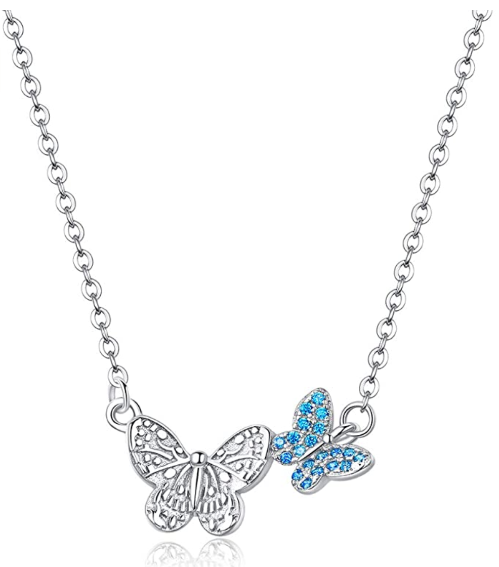 Two Butterfly Necklace Blue Butterfly Pendants Jewelry Butterfly Chain Birthday Gift 925 Sterling Silver 18in.