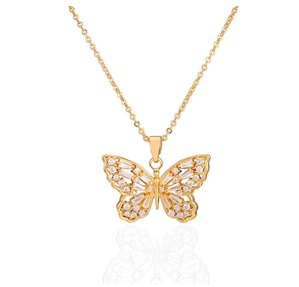 Gold Tone Butterfly Necklace Simulated Diamond Butterfly Pendants Jewelry Butterfly Chain Birthday Gift 925 Sterling Silver 18in.