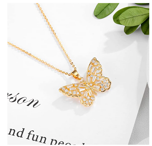 Gold Tone Butterfly Necklace Simulated Diamond Butterfly Pendants Jewelry Butterfly Chain Birthday Gift 925 Sterling Silver 18in.