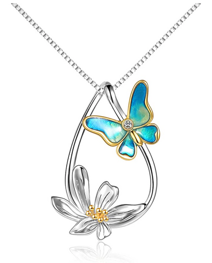 Butterfly Flower Necklace Butterfly Pendants Flower Jewelry Butterfly Chain Birthday Gift 925 Sterling Silver 18in.