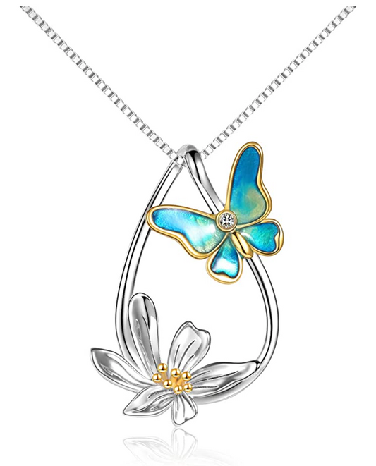 Butterfly Flower Necklace Butterfly Pendants Flower Jewelry Butterfly Chain Birthday Gift 925 Sterling Silver 18in.