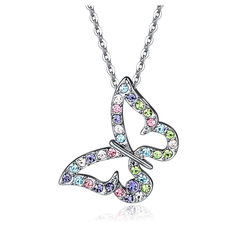 Rainbow Butterfly Necklace Simulated Diamond Butterfly Pendants Jewelry Butterfly Chain Birthday Gift 18in.
